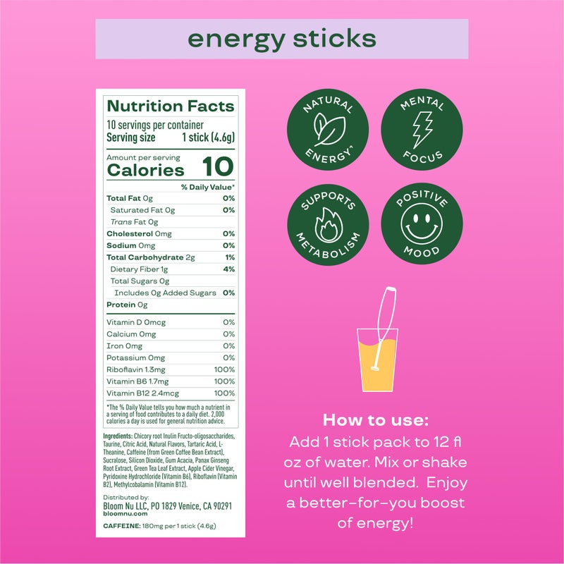 Bloom Nutrition Energy Drink Powder Packets, Sugar Free Energy Drink Mix with L-Theanine, B Vitamins & Natural Caffeine, On the Go Powder Sticks for Natural Energy, 10 Calories (10 Pouches (Pack of 1), Raspberry Lemonade) - Image 4